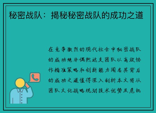 秘密战队：揭秘秘密战队的成功之道