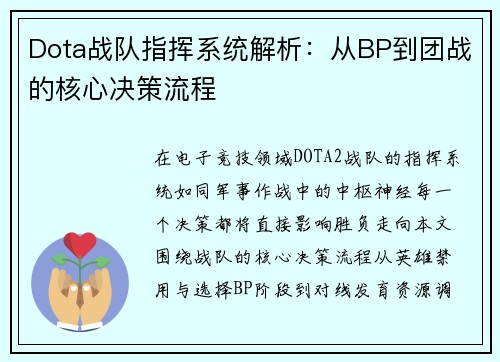 Dota战队指挥系统解析：从BP到团战的核心决策流程